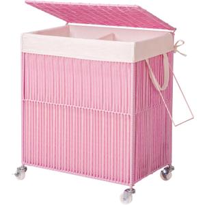 WOWLIVE Laundry Hamper with Wheels, Handwoven Rolling Laundry Basket with Lid, Clothes Hamper with Divided Removable Liner Bag, 115L Large Capacity Laundry Sorter Laundry Room Organization, Pink (115L(22 x 13 x 26.4 Inches))