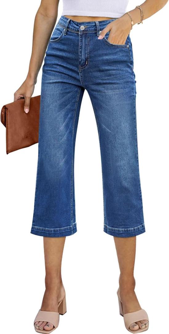 Sidefeel Women's Wide Leg Jeans High Waisted Stretchy Capri Pants (12, Blue)