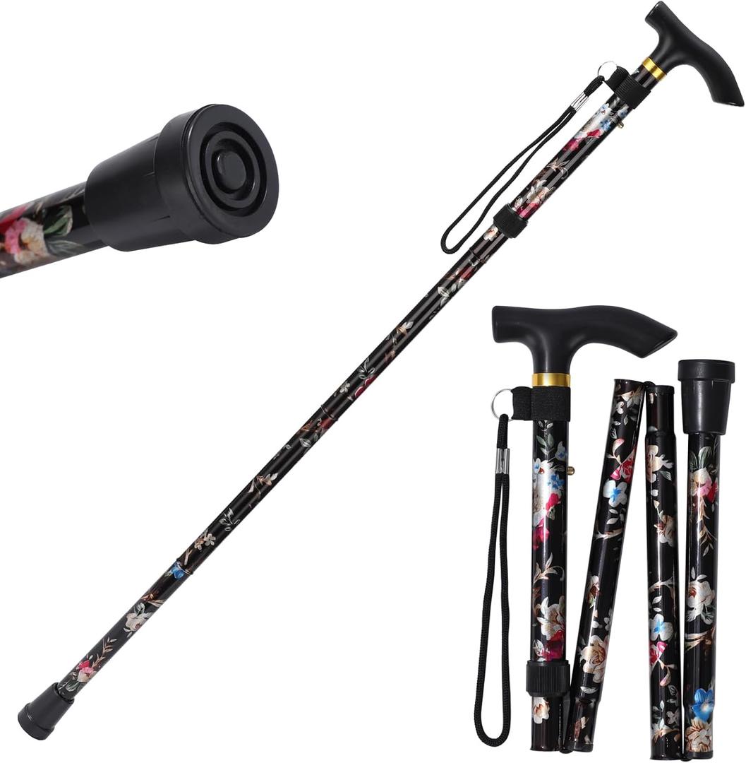 Walking Cane, Folding Cane for Man & Women, Portable Lightweight | 5-Level Adjustable Height, Collapsible Cane for Seniors Balancing Mobility Aid (Black Flowers)