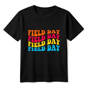 HELLO MEOW Field Day Shirts for Kids with Cute Graphic Crewneck Cotton T-Shirt for Boys & Girls (5-8 Years) (US, Age, 6 Years, 7 Years, Black Rainbow Font)