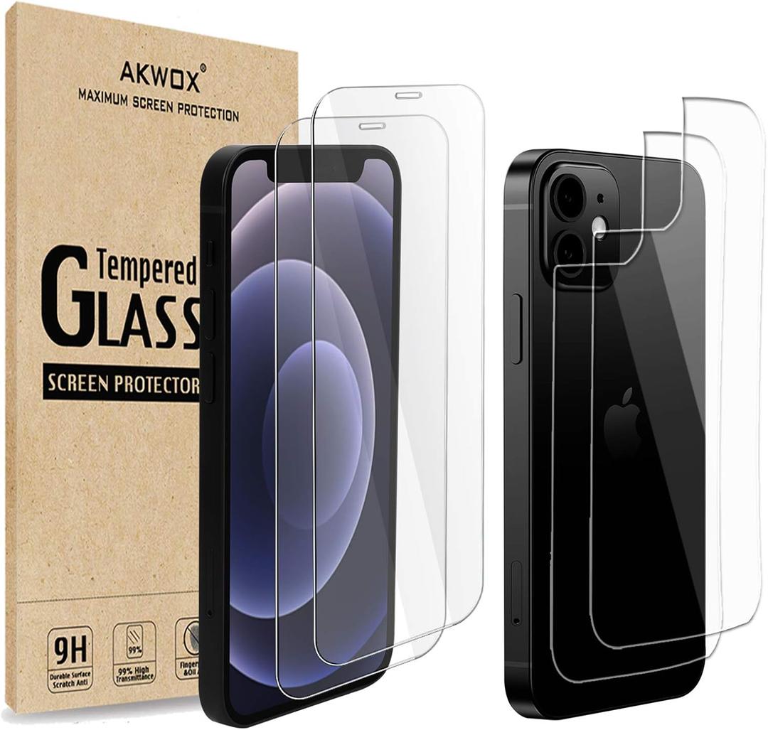 (4-Pack) Tempered Glass Screen Protectors for iPhone 12 Mini 5.4-inch with Back Covers, Akwox 9H Front Screen Protector and Back Screen Protector for iPhone 12 Mini (5.4" Display, 2020)