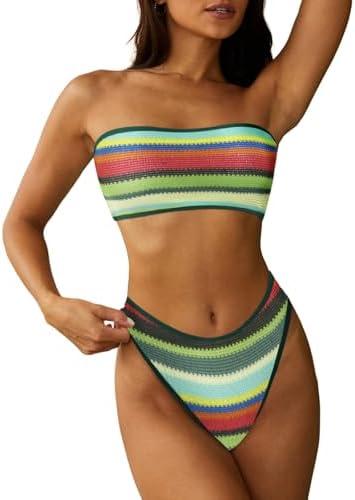 ZAFUL Women Strapless Textured Bandeau Bikini 2 Piece Swimwear Cheeky Solid Lace up Bathing Suits XL