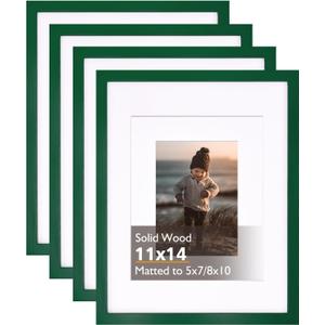 KINLINK 11x14 Picture Frame Green, Solid Wood Frames with Acrylic Plexiglass for Pictures 5x7/8x10 with Mat or 11x14 without Mat, Tabletop and Wall Mounting Display, Set of 4