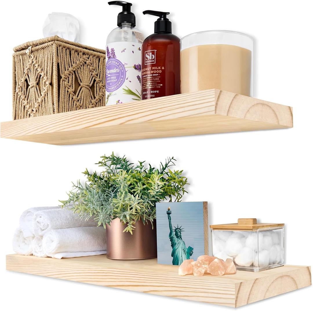Sorbus Wood Floating Shelves for Wall - 16 Solid Wood Shelves for Bathroom Decor, Books, Bedroom & Living Room - Set of 2 Natural Wall Mounted Kitchen Shelves - Durable Solid Pine