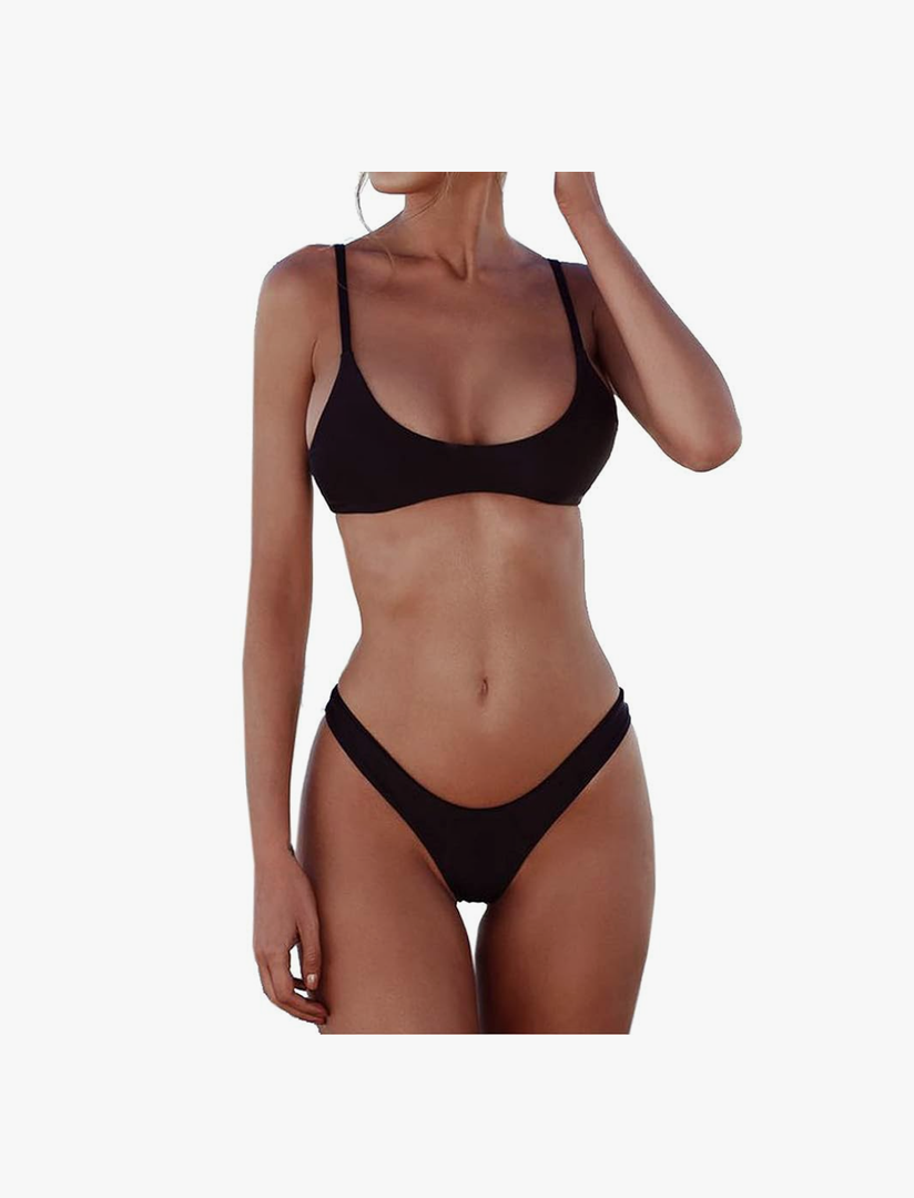 SherryDC Women's Solid Scoop Neck Push Up Padded Brazilian Thong Bikini Swimsuit Bathing Suit Size L