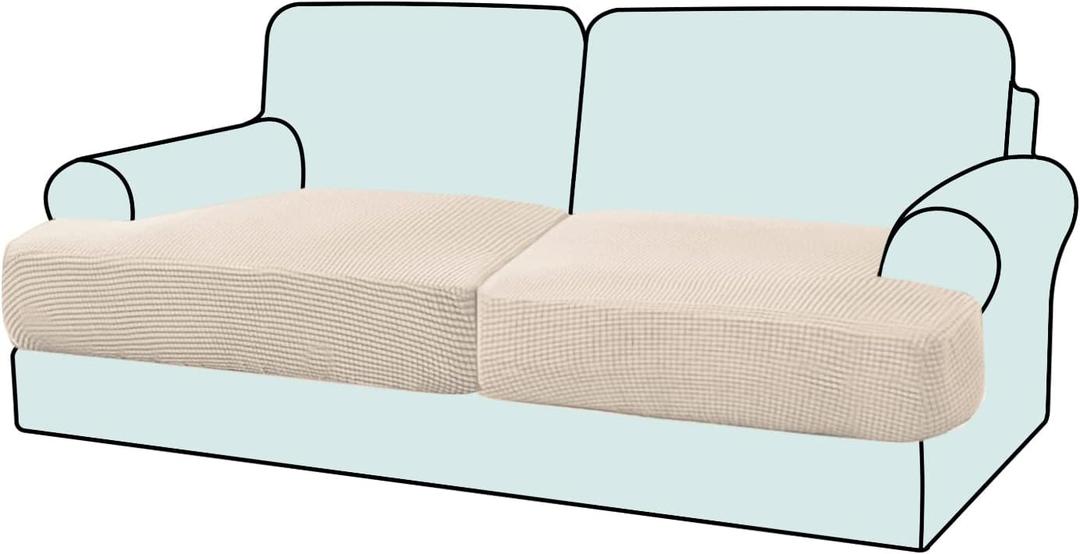 2-Pack Stretch T-Cushion Sofa Slipcovers - Premium Jacquard Fabric Elastic Sofa Seat Covers, Non-Slip Couch T Cushion Covers for 2-Seater Loveseat & Sectional (2, Nature)