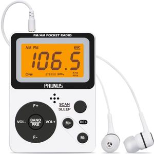 PRUNUS J-159 Pocket AM FM Radio Portable with Stereo Earphone, Battery Operated Radio by 2 AAA, Manual Preset, Large Screen, Lock Key Radios,Sleep Timer,Mini Radios,Digital(No Speaker)