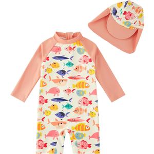 upandfast Baby/Toddler Swimsuit UPF 50+ Sun Protection One Piece Zipper Bathing Suit with Sun Hat Infant Beach Swimwear [Orange Fish, 12-18 Months]