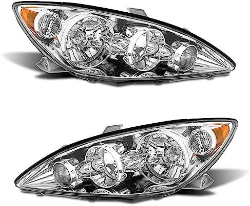ADCARLIGHTS for 2005-2006 Camry Headlight Assembly compatible with 2005 2006 Toyota Camry Chrome Housing with Amber Reflector Headlamp Replacement Left and Right Pair