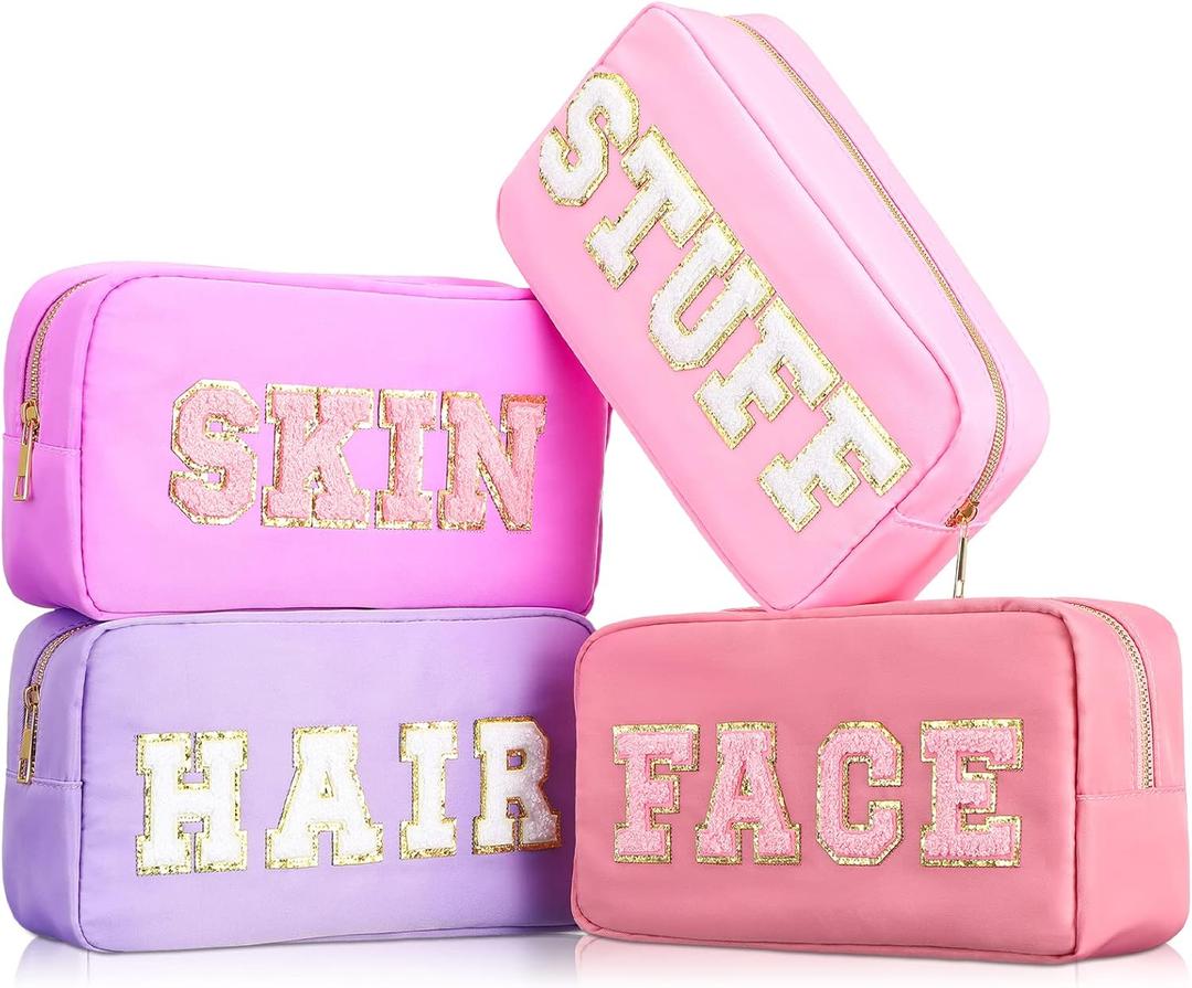 4 Pcs Preppy Makeup Bags Chenille Letter Stuff Bag Nylon Cosmetic Pouch Cases with Zipper for Women Travel Toiletry
