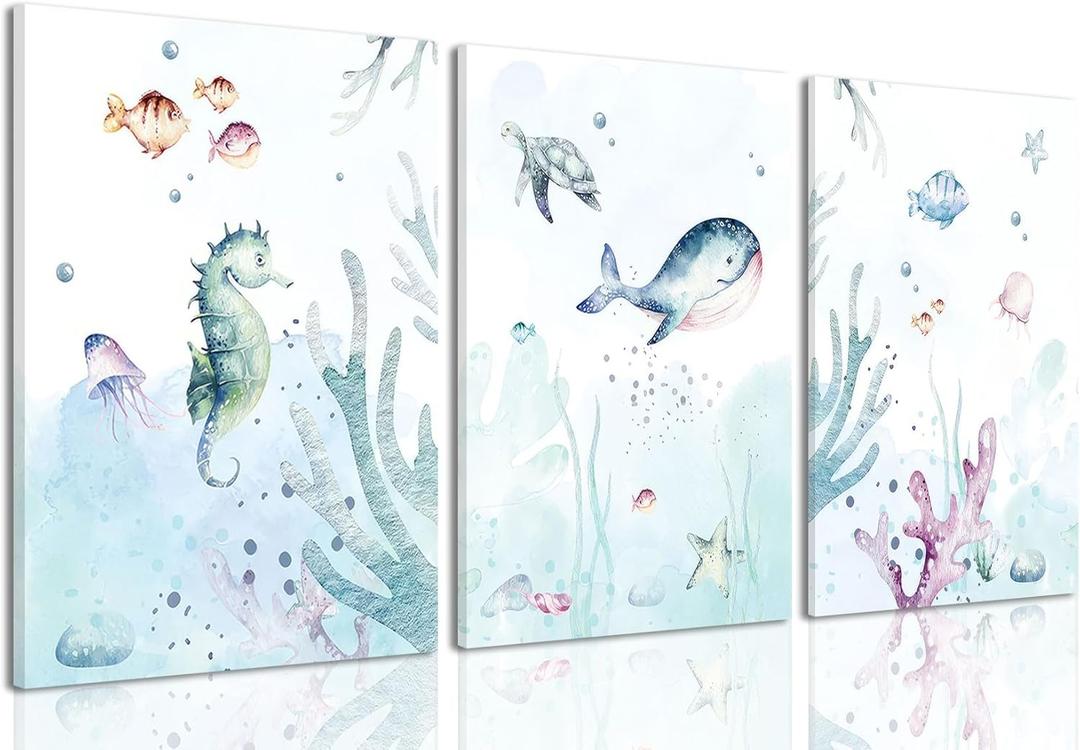 Wodkwq Ocean Nursery Decor, Nursery Wall Decor, Kids Bathroom Decor, Under The Sea, Boys Room Sea Animal Wall Art Picture Canvas Prints Set of 3, Bedroom 12x16 Inch Framed