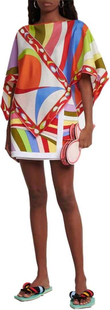 Wuitrie Two Piece Sets for Women Color block Poncho Tops Mini Skirt Geometric Print Going Out Vacation Outfits (Medium)