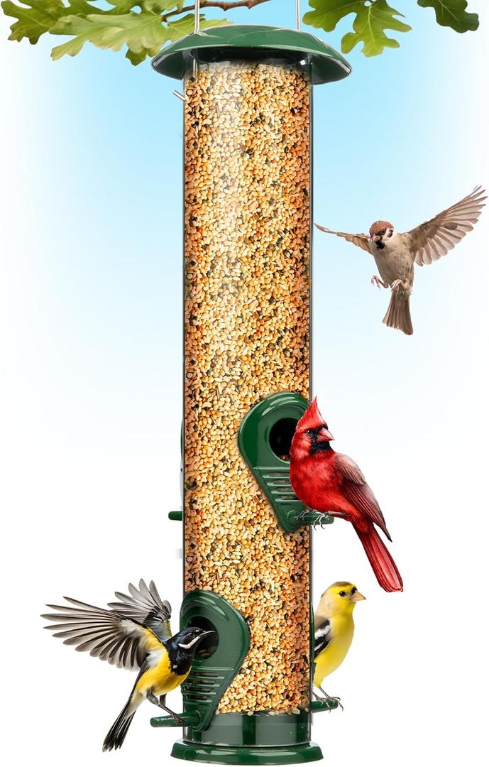 Gray Bunny Metal Bird Feeder, 4-Port Wild Bird Feeders for Outdoors Hanging, Heavy Duty Chew-Proof and Rust-Proof Tube Feeder, 15 Inches (Green)