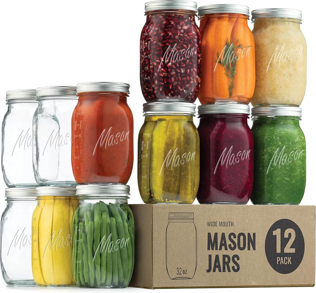 Paksh Novelty Mason Jars - Food Storage Container - 32 oz 12-Pack - Airtight Container for Pickling, Canning, Candles, Home Decor, Overnight Oats, Fruit Preserves, Jam or Jelly