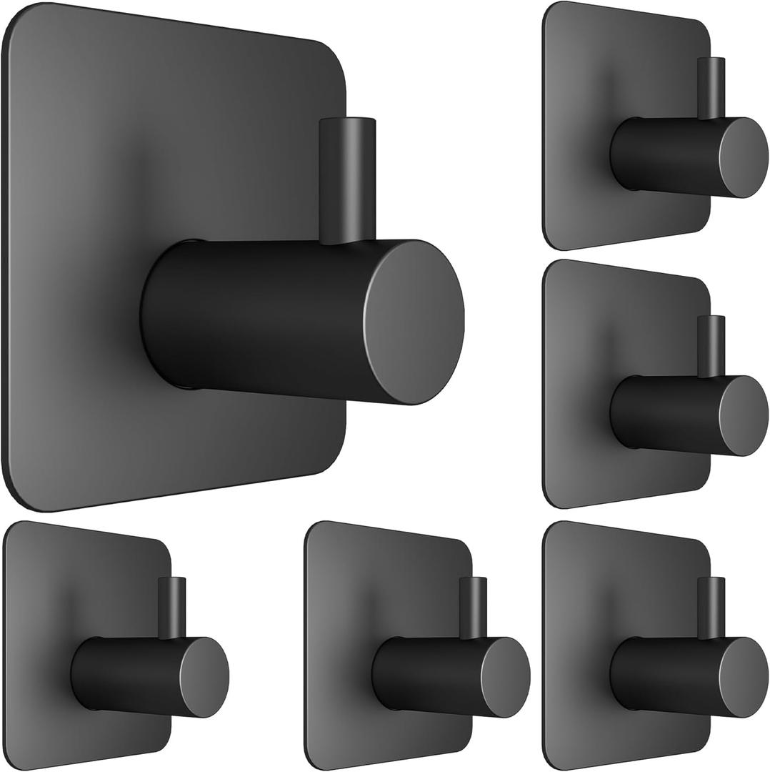 6 Pcs Adhesive Wall Hooks for Hanging - Waterproof Shower Hooks, Heavy Duty Towel Hooks for Bathrooms, Kitchens, and Offices (Black)