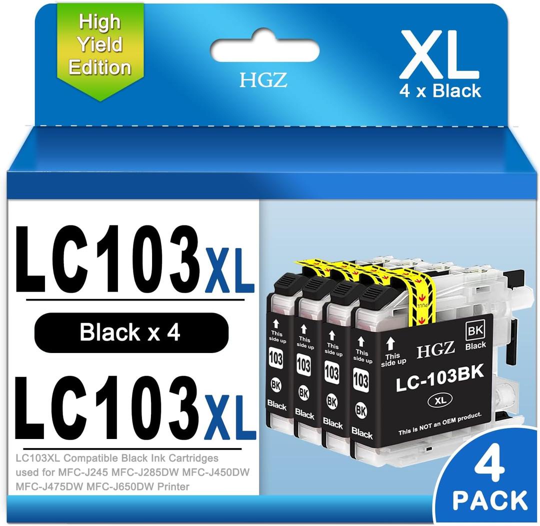 HGZ LC103XL Compatible Ink Cartridges Replaccement for LC103 LC103XL High Yield Ink Compatible with MFC-J245 MFC-J285DW MFC-J450DW MFC-J475DW MFC-J650DW MFC-J870DW MFC-J875DW Printer (4 x Black)