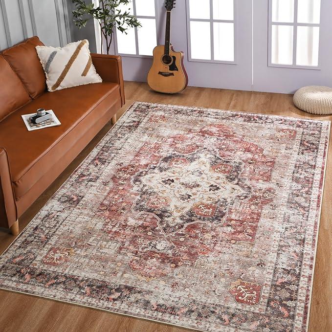 YOH Boho Washable Rug 8x10, Rust Red Vintage Non Slip Area Rug, Distressed Indoor Carpet for Living Room Bedroom Kitchen Office