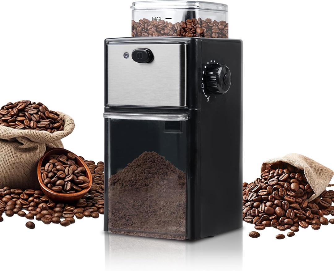 Electric Burr Coffee Grinder for Home Use, 12 Grind Settings Coffee Bean Grinder for Espresso, Drip & French Press, 200W Electric Coffee Grinder with 120g Ground Container