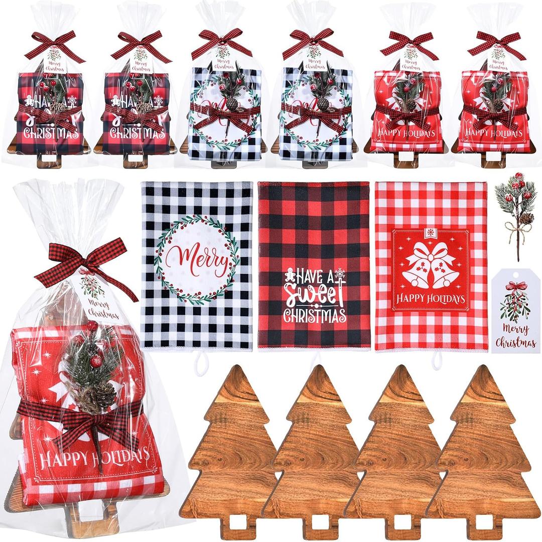 Potchen 9 Sets Christmas Kitchen Gifts Bulk Wood Cutting Board Charcuterie Boards Christmas Kitchen Towels Pine Branches Xmas Cooking Gifts for Home Party Gift Winter Decoration, (Tree Shaped)