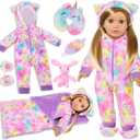 American 18" Doll Clothes and Sleep Bag Accessories,Sleepover Outfit Set Fits 18 Inch Dolls Include Rainbow Costume,Unicorn Style Pillow,Eye Mask,Shoes,Animal Toy Gifts for Girls (No Doll)