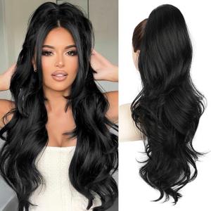 BOGSEA Ponytail Extension 26 Inch Drawstring Ponytail Extension for Women Long Wavy Hair Extensions for Daily Use(1B) (Black)