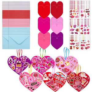 2 x 24 Pack Valentine's Day Heart Craft Kits Valentine DIY Heart-Shaped Card Kits with Stickers and Envelopes Valentine Day Hanging Multicolor Hearts Crafts