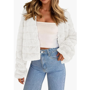 Fisoew Womens Cropped Faux Fur Jackets Long Sleeve Open Front Fluffy Short Coats, Small