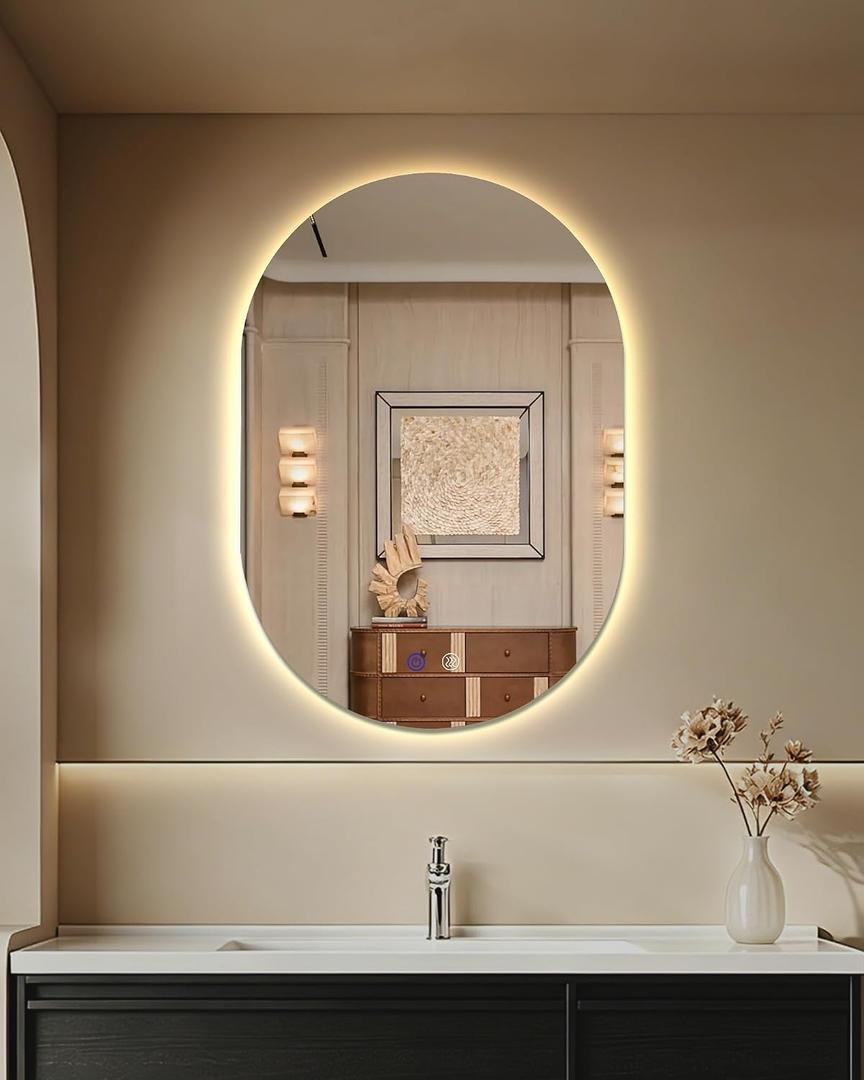 Irregular LED Bathroom Mirror 32"x22" Dimmable Anti Fog | Oval Shape, Shatterproof TEMPERED GLASS, 3 COLOR TEMPERATURES (3000K–6000K), STEPLESS DIMMING, MOUNTS VERTICALLY OR HORIZONTALLY.