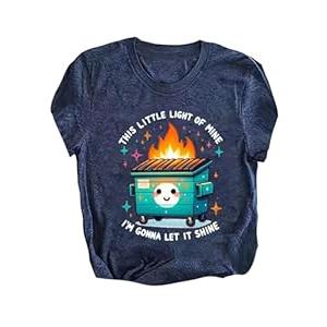 RoseSeek Women's Letter Print T Shirts Crewneck Short Sleeve Tee Tops Streetwear Tops Deep Blue Large