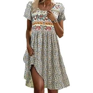 Womens Sundress 2025 Summer Boho Floral Short Sleeve Crewneck Elastic Waist Midi Dress Casual A-Line Flowy Knee Lenth Dress with Pocket White Size XXL