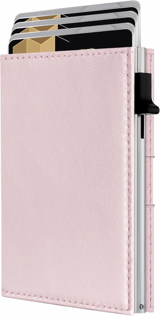 QLD RFID Wallet Women - Small Slim Trifold Wallet Anti-Theft Pop up Card Holder, Minimalist, Ultra Thin, Front Pocket, Premium Leather, 9-11 Cards Capacity | ID Window | Cash Slot (Pink)