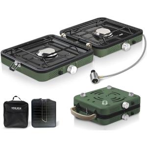2-Burner Foldable Camping Stove with Griddle and Carrying Bag, Portable Propane Camp Stove with 2 Adjustable Burners & Piezo Ignition for Camping Tailgating Essentials Gear (Green)