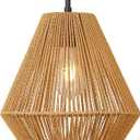 LynPon 12“ Boho Rattan Pendant Light with Rod Hanging, Black Boho Light Fixture with Hanging Lamp Shade, Farmhouse Coastal Wicker Pendant Light for Kitchen Dining Room Bedroom Hallway Foyer Bathroom