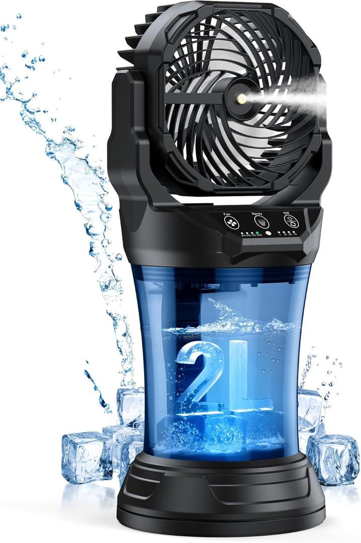 Portable Misting Fan for Outdoor Patios - 30000mAh Rechargeable Battery Operated Camping Fan with 2L Water Tank, 4 Spray, 4 Speeds & RGB Light for Fishing/Travel/Garden Party/Golf/Tent/Office