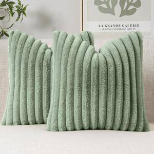 MIULEE Faux Fur Decorative Throw Pillow Covers 18x18 Inch Set of 2, Modern Spring Home Decor Soft Plush Couch Pillows Cozy Fluffy Cushion Covers for Sofa Bed Sage Green