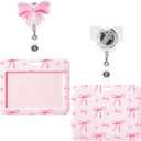 Geyoga Pink Bow Coquette Gifts Set Includes Horizontal ID Badge Holder and Retractable Badge Reel with Alligator Clip Funny Name Tag Card Holder for Worker Doctor Nurse Teacher Office Accessories