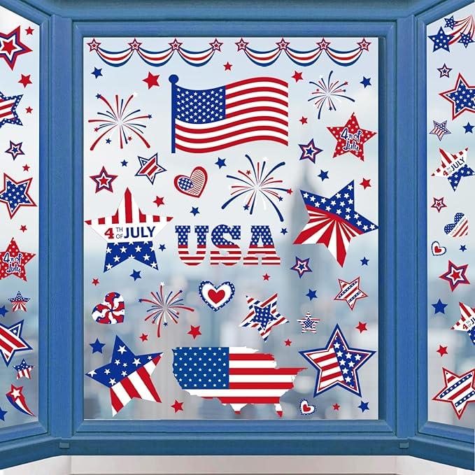 8 Sheets Small Party of Window Clings Decorations, Patriotic American Flag for Glass Windows Born USA,USA Red White Blue Decor