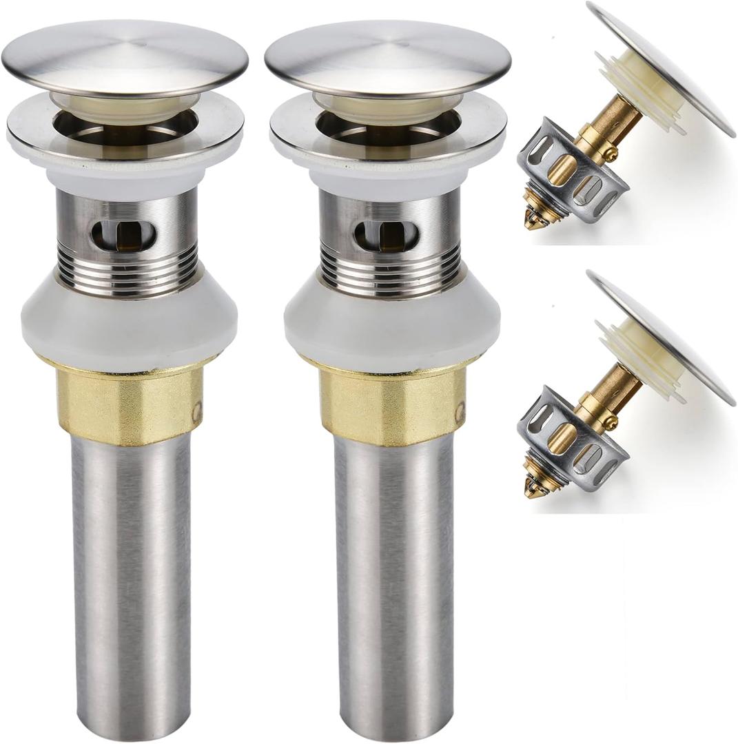 Rockgoya Bathroom Sink Drain,2 Pack Drain Stopper Bathroom Sink with Overflow,  Pop Up Drain Assembly with Detachable Strainer Basket, Built-in Anti-Clogging Strainer, Stainless Steel Brushed Nickel