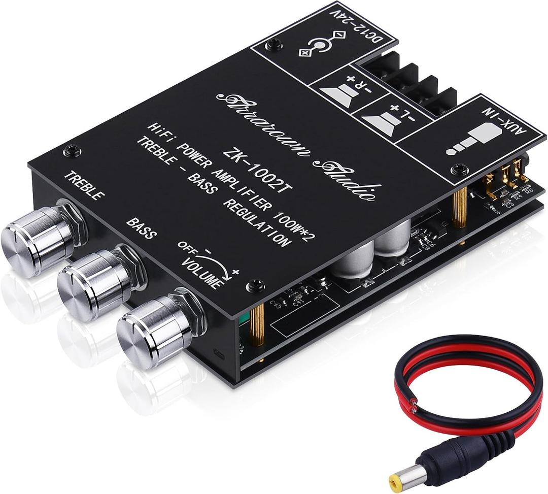 ZK-1002T 2.0 Channel Bluetooth 5.0 Amplifier Board 200W HiFi Subwoofer Audio AMP with Treble and Bass Control BT and AUX Inputs, DC 12-24V 2.0 Channel Stereo AMP Module for DIY Speakers