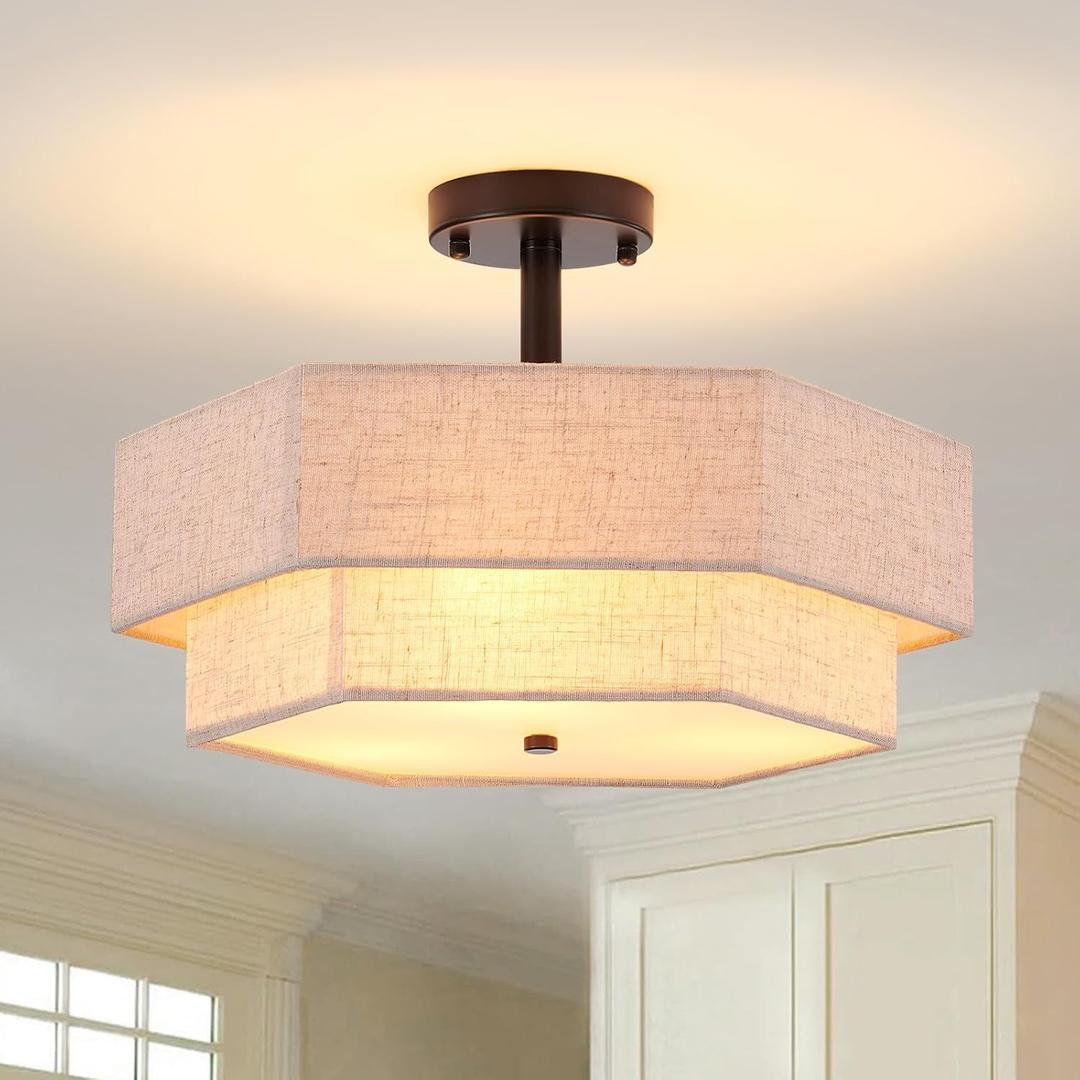 SGLfarmty 17.7" Double Drum Semi Flush Mount Ceiling Light, 3-Light Linen Drum Light Fixture Ceiling Mount, Farmhouse Flush Mount Light Fixture, Modern Close to Ceiling Lamp for Living Room Bedroom (Black)