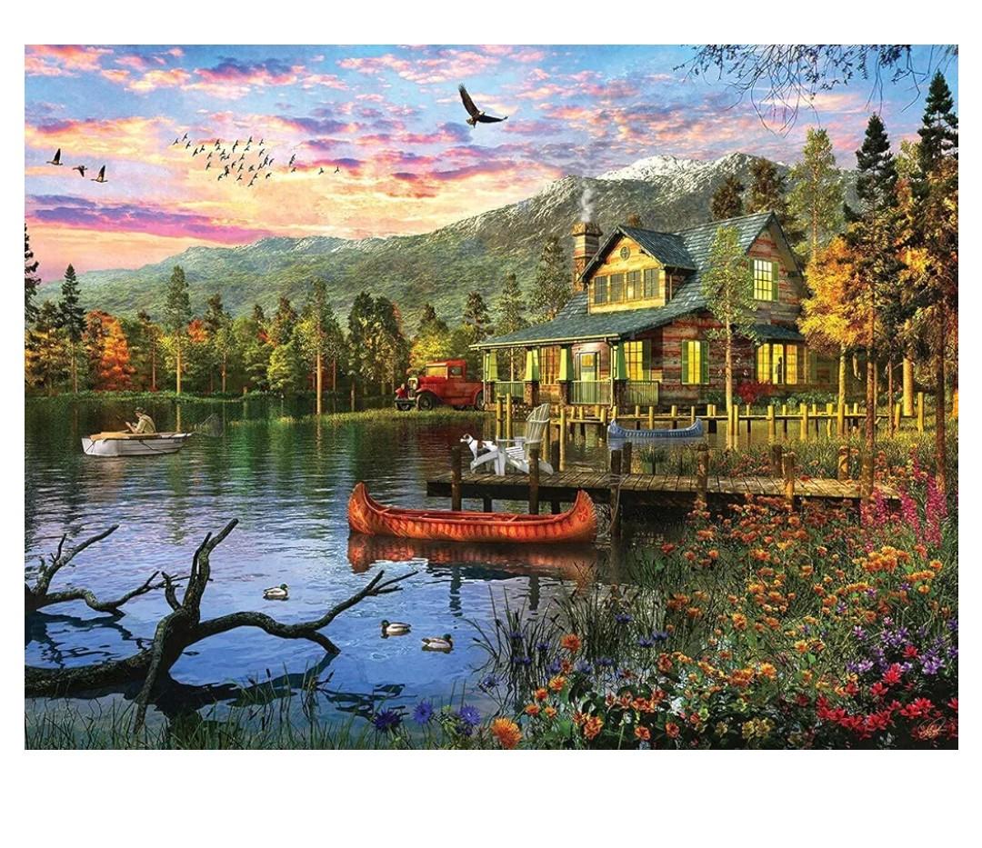 White Mountain 500 Piece Puzzle Lake Jigsaw Mountain Spring Puzzles Large Pieces Gift for Adults and Seniors 18"x24" - Sunset Cabin