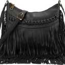 Oweisong Leather Fringe Purse for Women Trendy Western Tassel Crossbody Bag Vintage Hobo Black Shoulder Messenger Bag