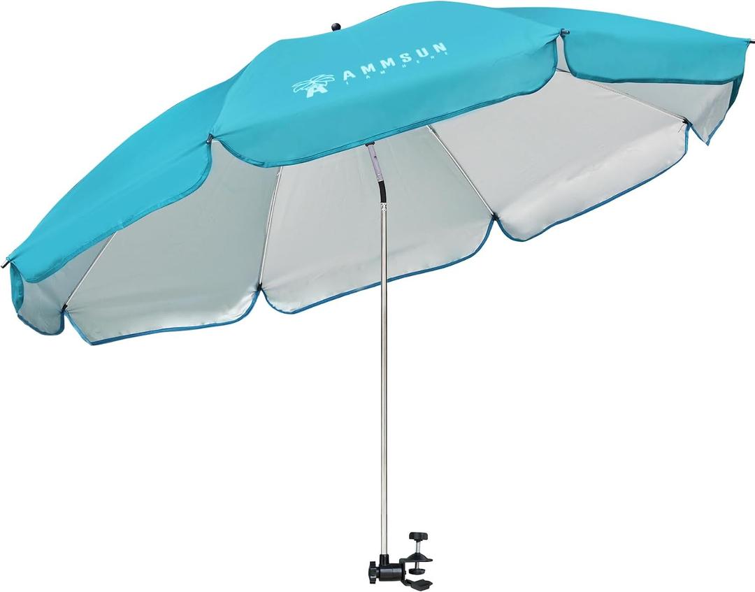 AMMSUN XL Chair Umbrella with Universal Clamp Adjustable 47 inches and 360-degree Swivel UPF 50+, Portable Clamp on Camping or Beach Chair, Stroller, Wheelchair, Golf cart, Bright Blue, Large-sized