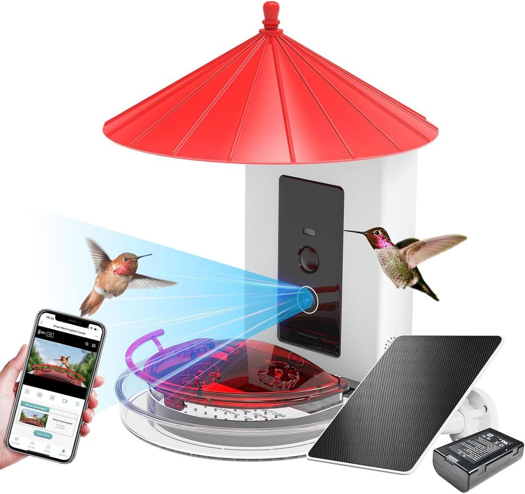 Solar Hummingbird Feeder | Bird Watching Camera |AI Free Identification of Various Hummingbirds and Birds | complimentary Removable Hummingbird Stand | W/ 3 Feeding Ports