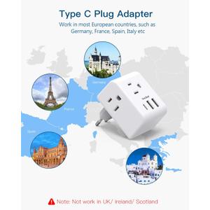 1Pack European Travel Plug Adapter, One Beat International Power Adapter with 3 Outlets 3 USB Ports(1 USB C), Type C Plug Adaptor for US to Europe Italy Spain France Germany Iceland Travel Essentials