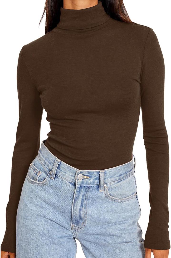 Trendy Queen Women's Turtleneck Long Sleeve Shirts Spring Fashion Basic Thermal Underwear Tops Winter Clothes 2026 (X-Large, Chocolate Brown)