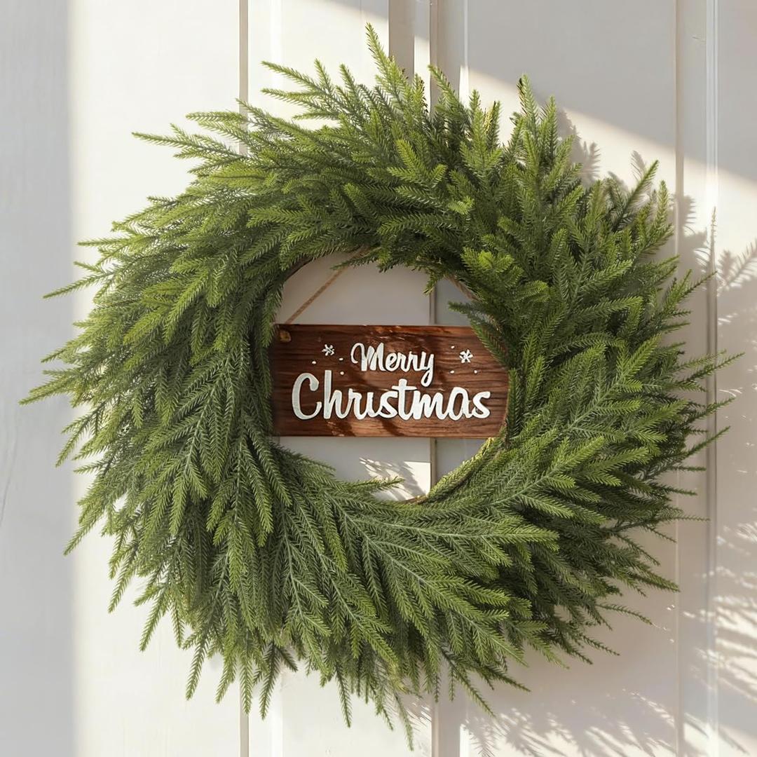 24 Inch Real Touch Christmas Wreath for Front Door: Norfolk Pine Wreath with Welcome Wooden Sign - Large Artificial Green Wreath for Outdoor Indoor Wall Porch Windows Fireplace Decor