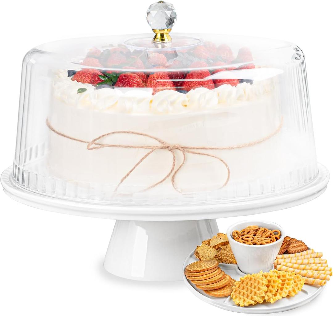 Ceramic Cake Stand with Lid, 12 inches, White, Round, Cake Stand with Plastics Dome Cover, for Cake, Dessert