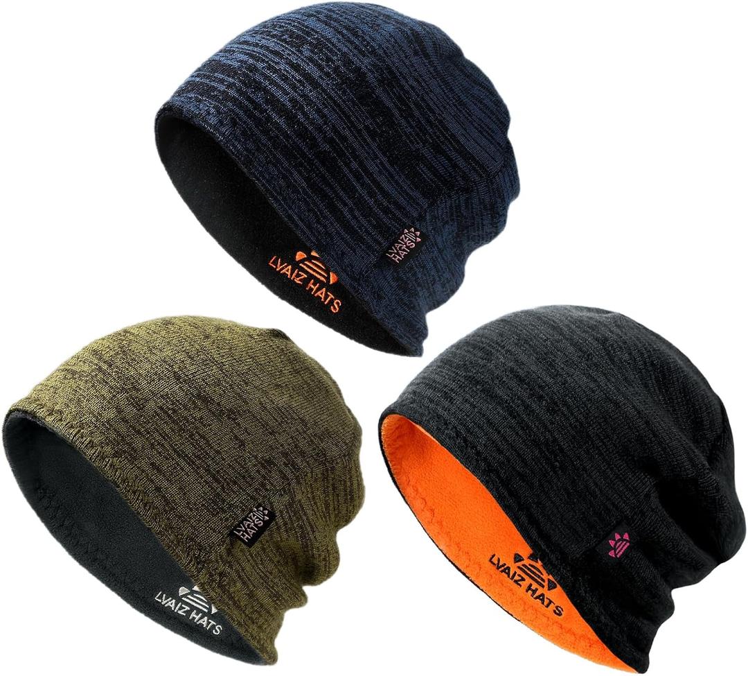 3 Pack Reversible Winter Fleece Lined Beanie Hats for Men Women Warm Windproof Cotton Stretchy Knitted Skull Caps (One Size, Black+blue+khaki)