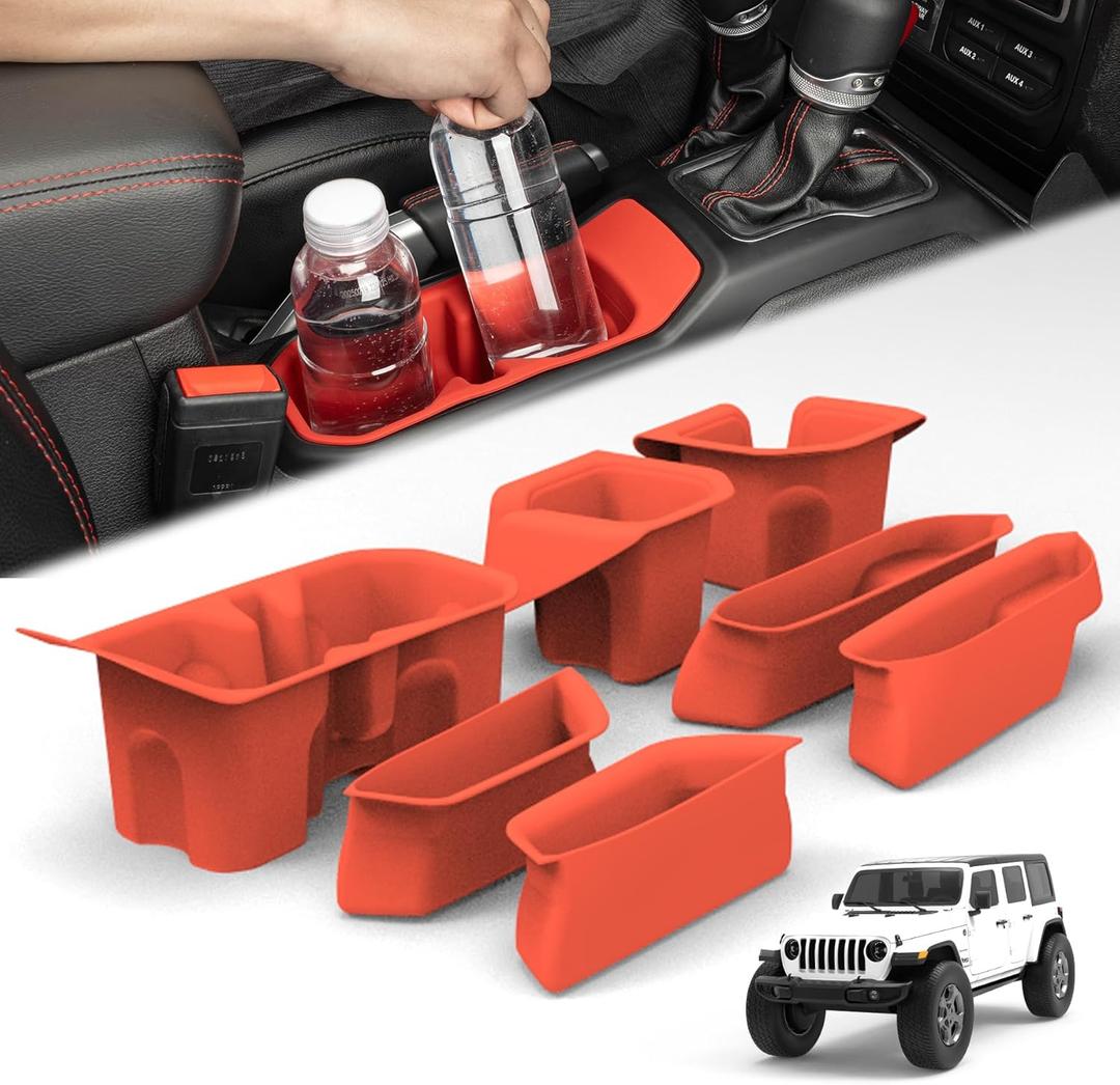 Jeep Wrangler JL Custom Silicone Liners - Full Coverage of Door Handles and Cup Holders for 2018-2026 Wrangler JL 4 Doors(Not for JL Unlimited Rubicon), Interior Accessories (Red,7-Piece Set)